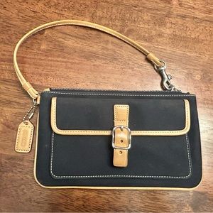 Coach Wristlet Dark Black Canvas And Tan Leather With Tan Hang Tag Vintage